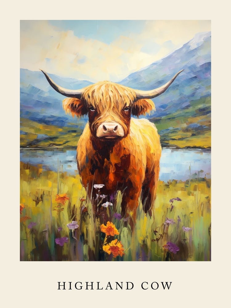 Warm Tones Highland Cow Impressionism Style Painting 1