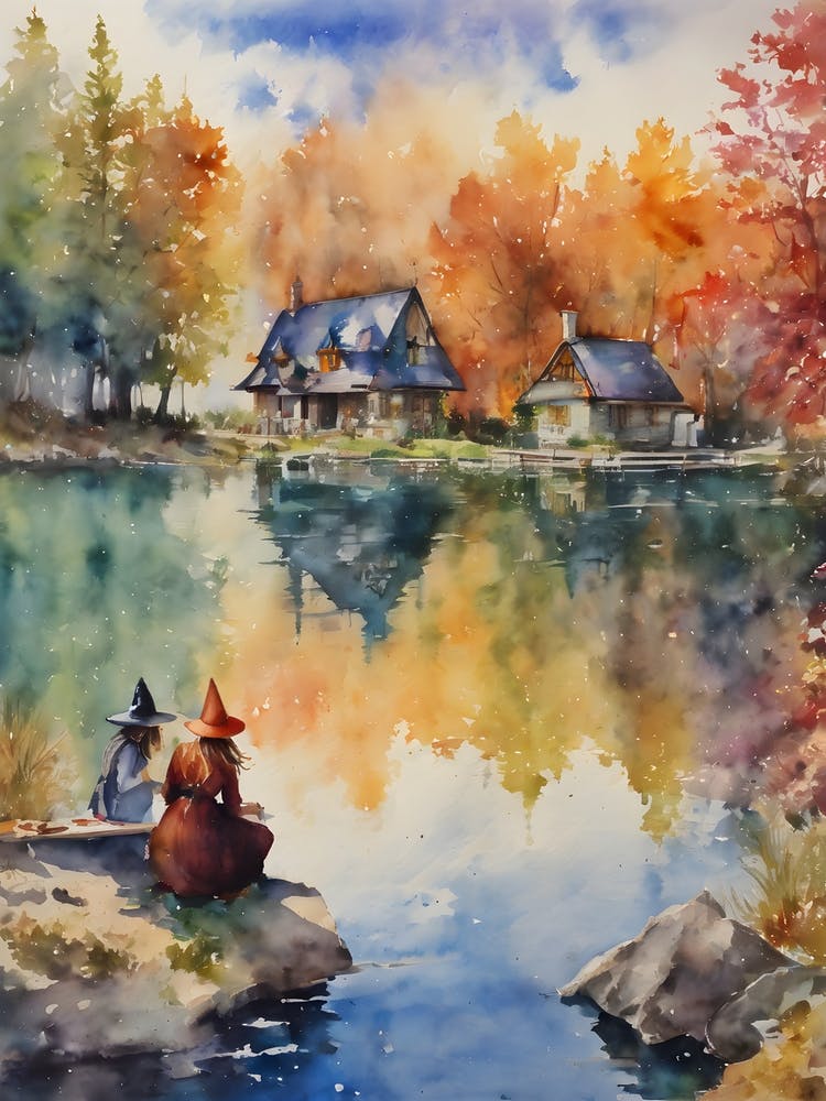 Am Seehaus ~ Mutter und Tochter Hexe spielen am See ~ Früher Herbst Heidnisches Aquarell Märchenhafte Hexerei