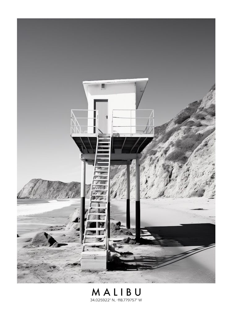 Poster Of Malibu, Black And White Analogue Photograph 2