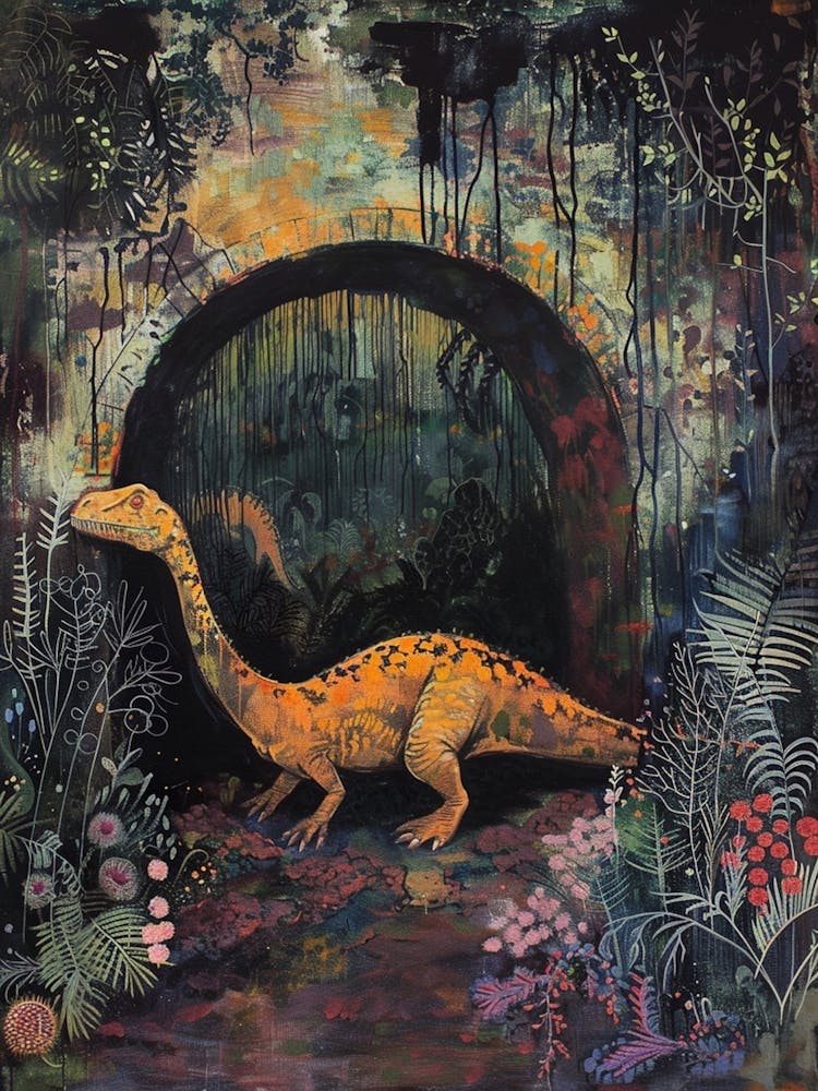 Dinosaur In An Ancient Tunnel Covered In Vines Painting 2