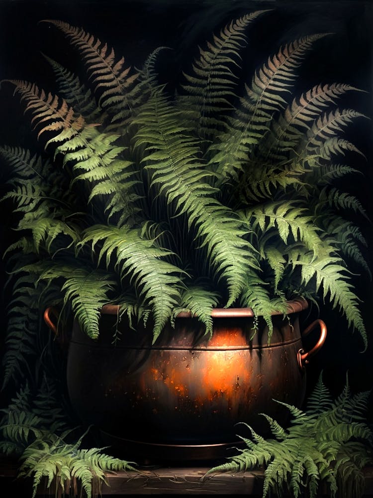 Ferns in a Witches Copper Cauldron | Dark Cottagecore Vintages | Dark Aesthetic Gothic Academia Feature Wall | Altar Wall Witchcraft Wicca Style in HD