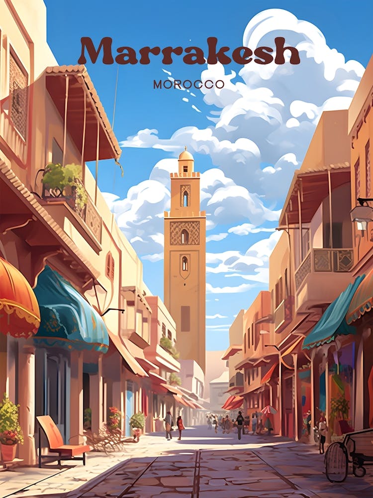 Marrakesh Morocco Streetview Modern Travel Illustration