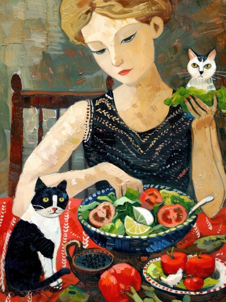 Portrait Of A Woman With Cats Eating A Salad 4