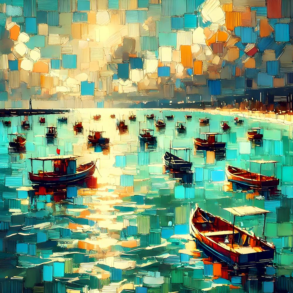 Colorful Boats on Tranquil Waters - Semiabstract Coastal Artwork
