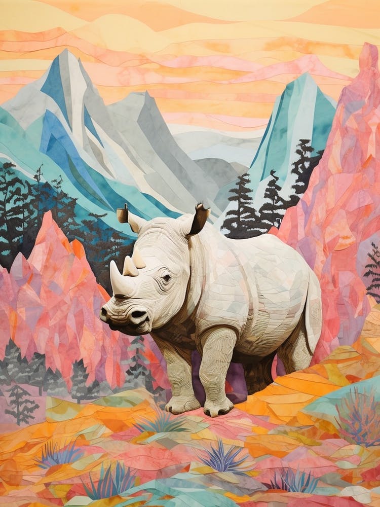 Colourful Patchwork Rhino With Mountain In The Background 2