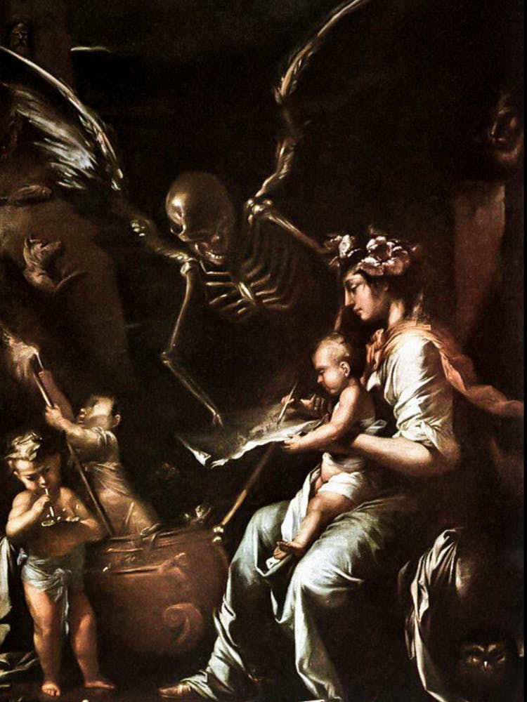 Human Fragility - Salvator Rosa (c1656) Rare Photographic Print Remastered "The Ultimate in Macabre Overstatement: A Newborn Baby Writes an Agreement with Death Acknowledging That Human Existence is Miserable and Brief" Almost 400 Years Old. Skeleton Skulls Satanic Horrorcore Witchcore Biblical Famous Cool