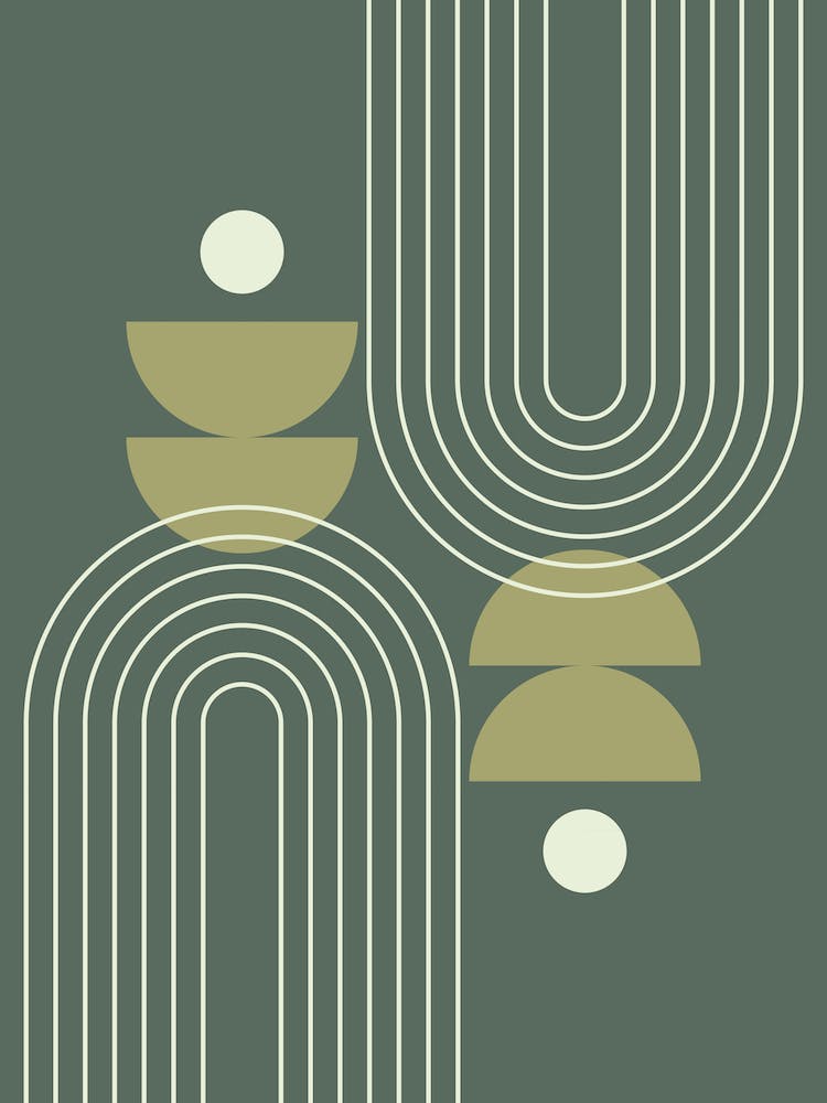 Mid Century Modern Geometric Abstract Rainbow, Sun and Moon Phases in Greenery Sage Green 1