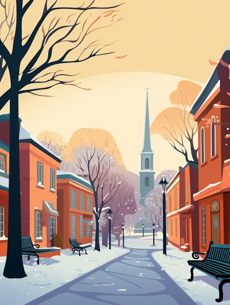 Vintage Winter Travel Illustration Boston Usa