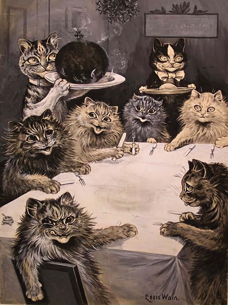 Louis Wain Vintage Cats - Christmas Pudding Dinner Party Victorian Illustration Famous Animated Cats Around the Dinner Table Having Supper - Witchy Dark Aesthetic British Humor Gallery