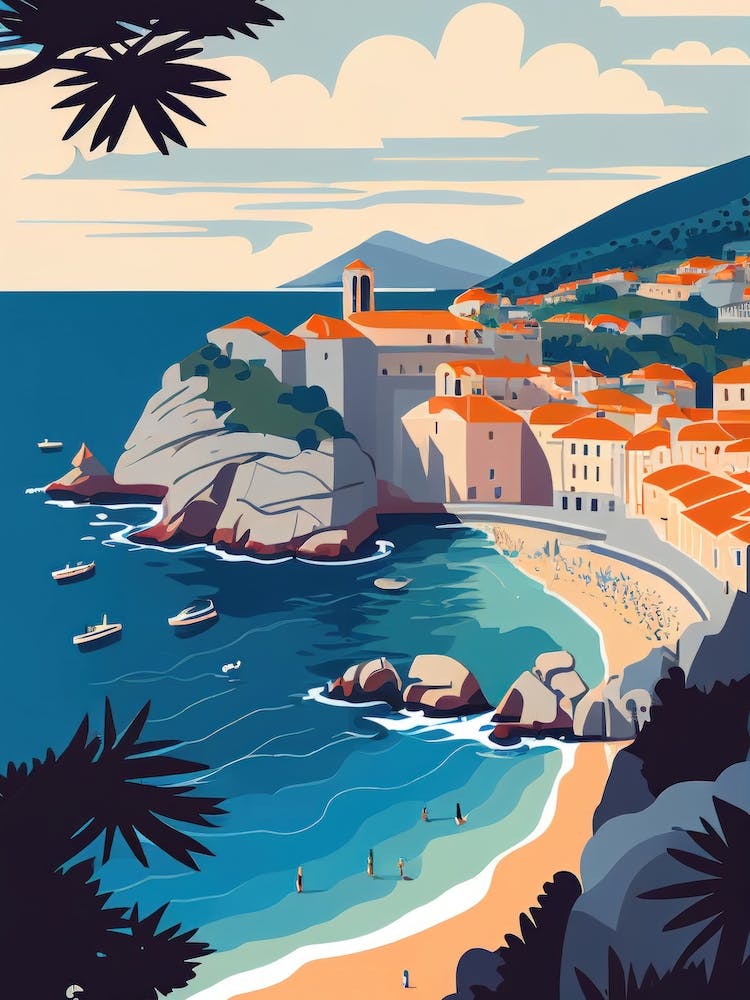 Dubrovnik, Kroatien – Retro-Reiseposter mit Landschafts-, Strand- und Küstenmotiv