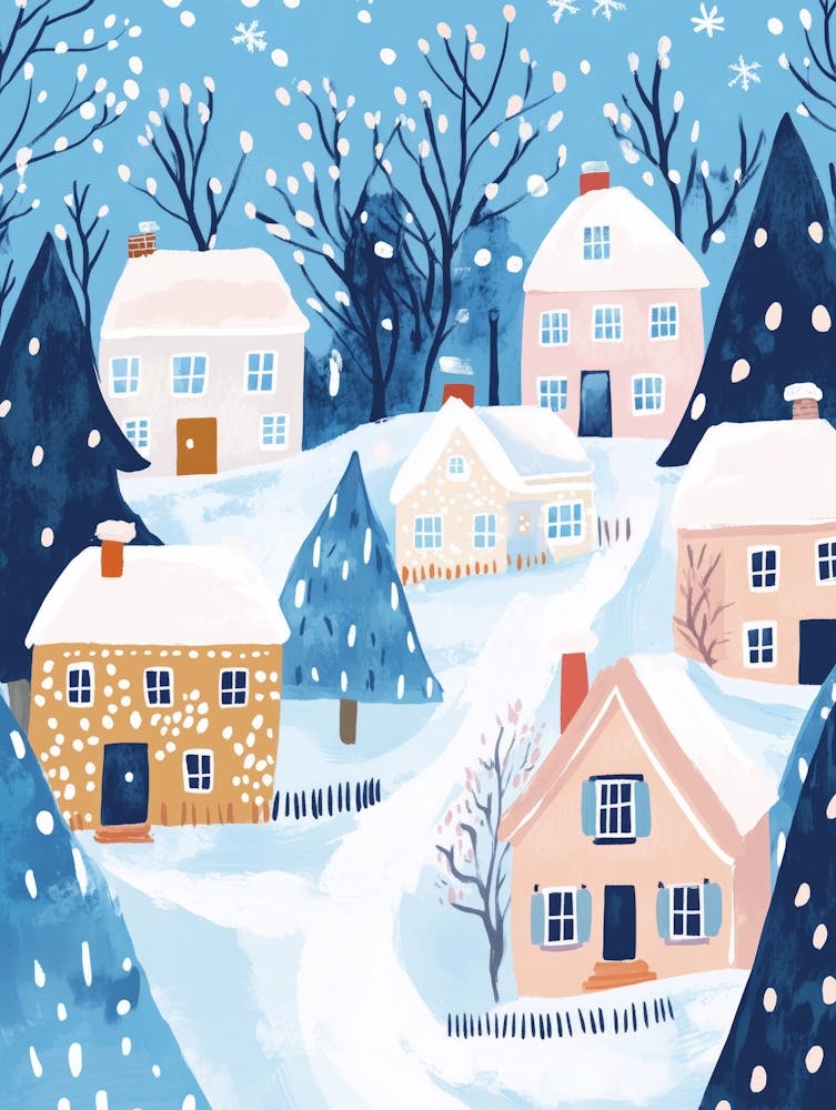 Evening Snow in Town Gouache Painting