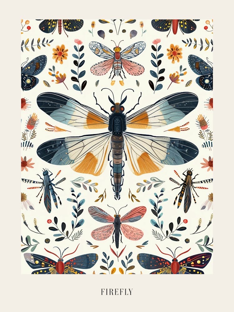 Colourful Insect Illustration Firefly 10 Poster