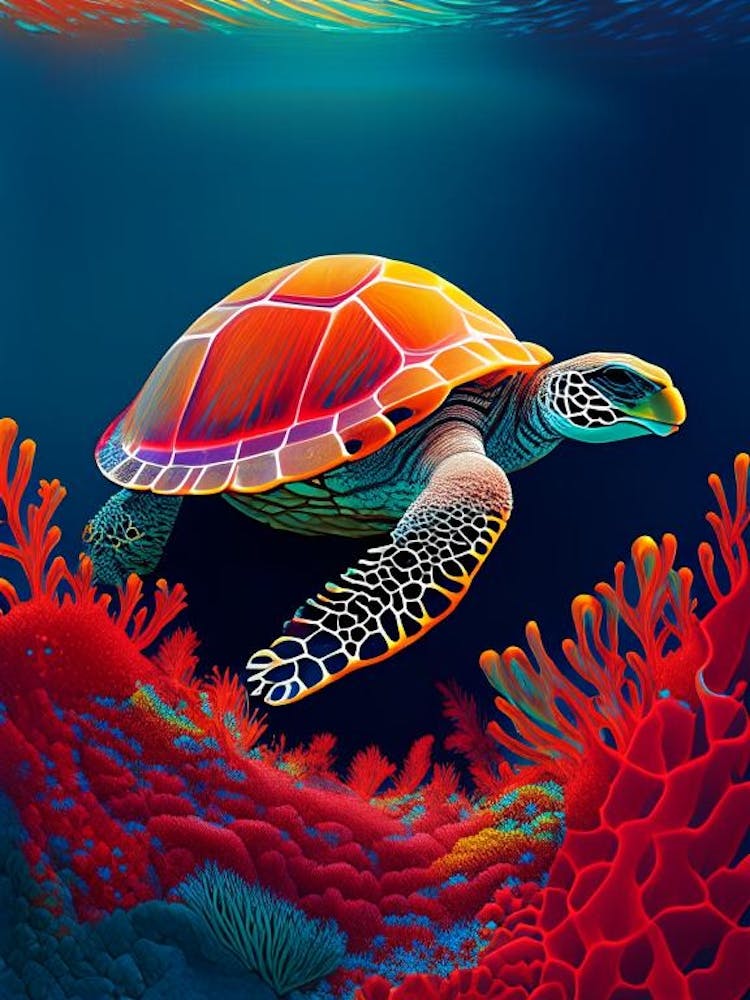 A Single Sea Turtle In Coral Reef, Sea Turtle Primary Colours 1