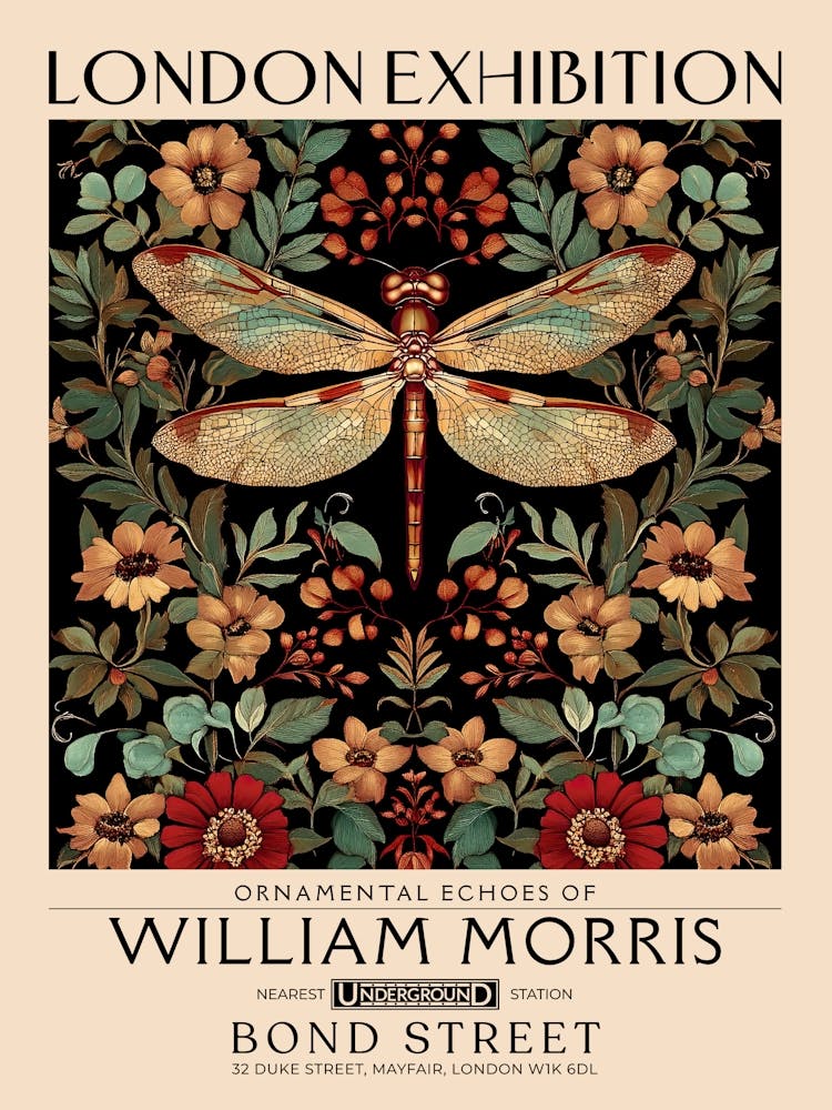 William Morris Dragonfly and floral artwork, insect and flower pattern vintage Botanical print for cottagecore, maximalist decor,floral tapestry Victorian nature illustration bedroom vintage decor 13