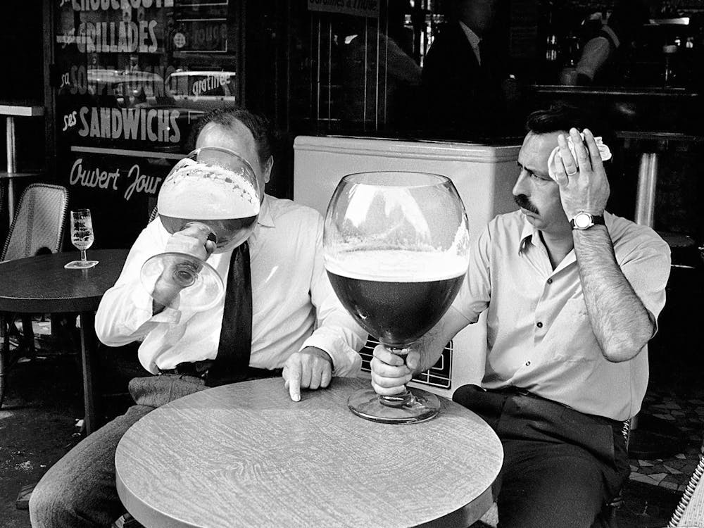 Two Men Drinking Beer From Large Glasses, Black and White, Funny Vintage Old Photo