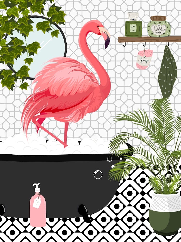 Flamingo In Bath Black And White