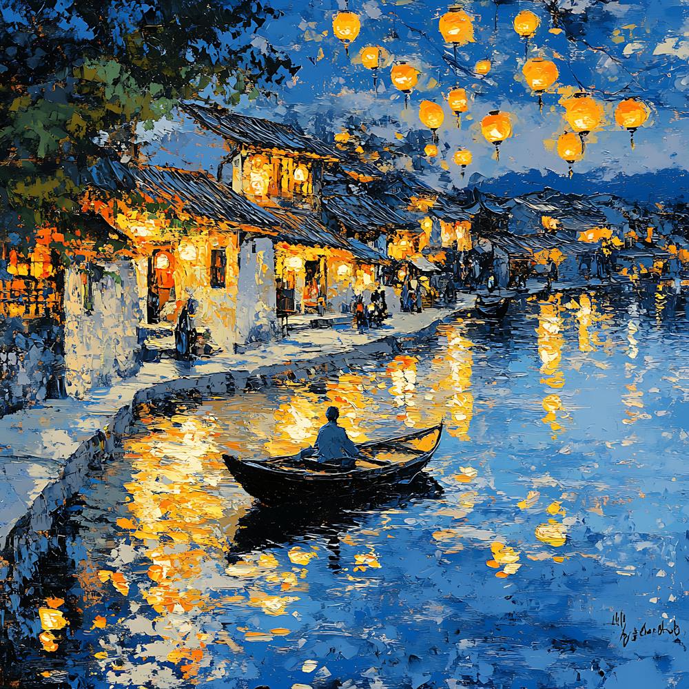 Peaceful Village Waterway Night Scene 10