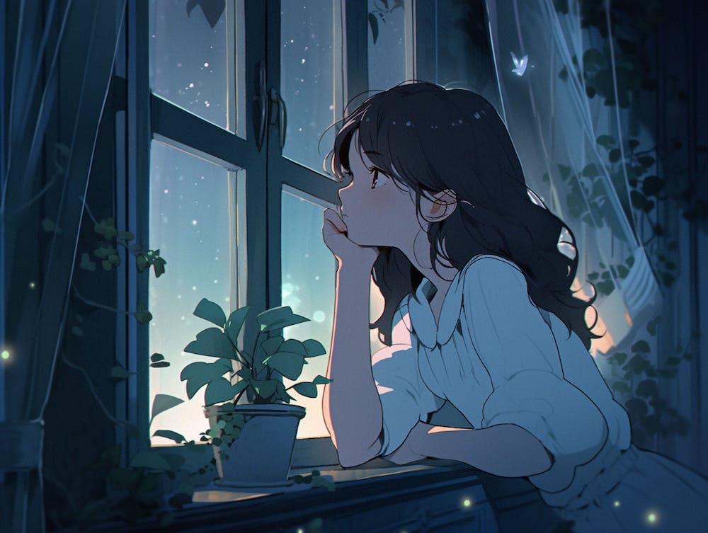 anime Girl Looking Out The Window at night