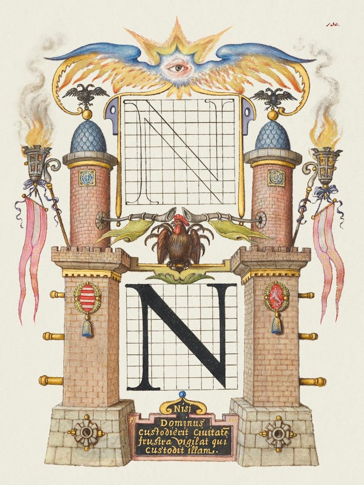 Guide For Constructing The Letter N From Mira Calligraphiae Monumenta, Joris Hoefnagel