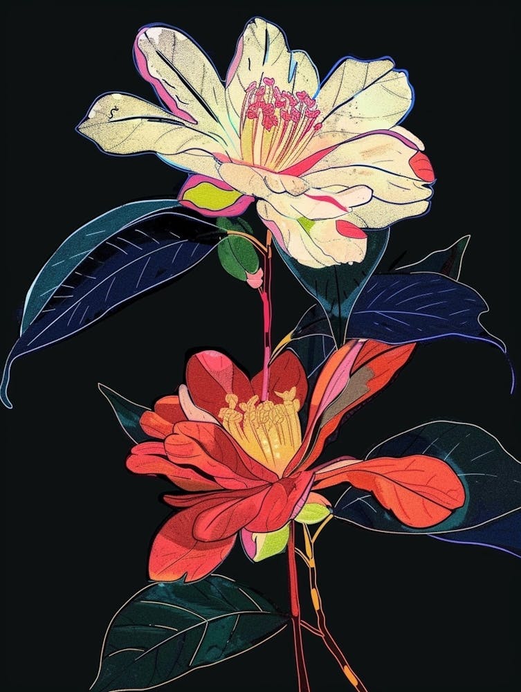 Neon Flowers On Black Camellia 1