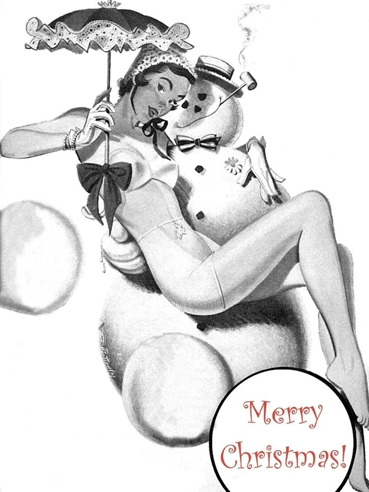 Pinup Girl Sitting On A Happy Snowman
