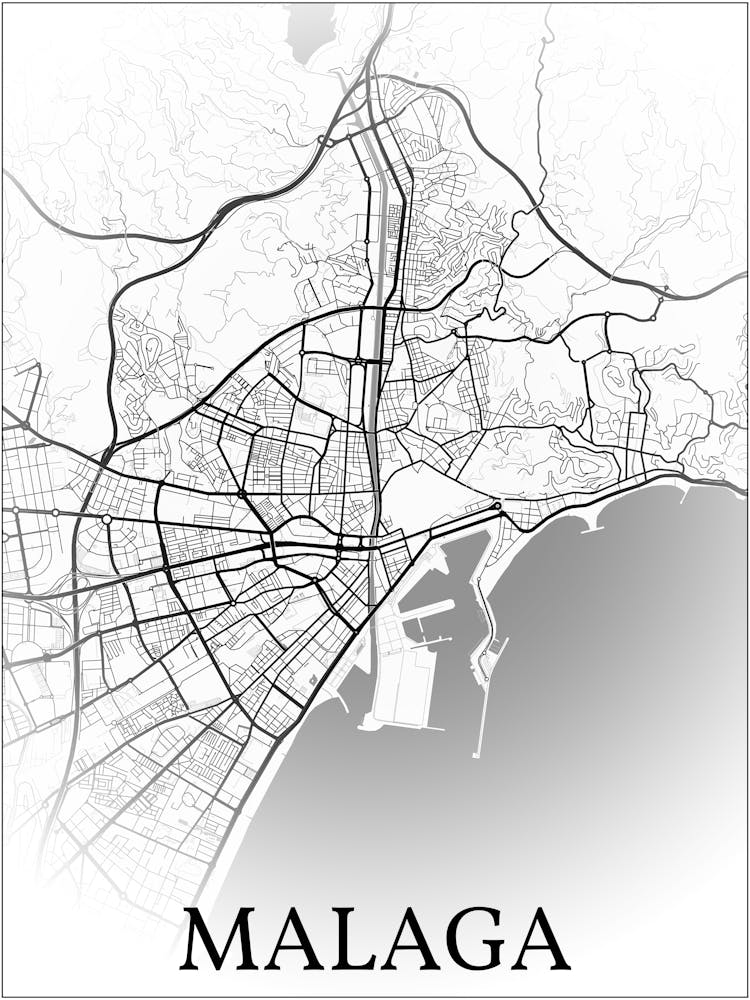 Málaga, Andalusia, Spain, City Map, Black And White Fade Design