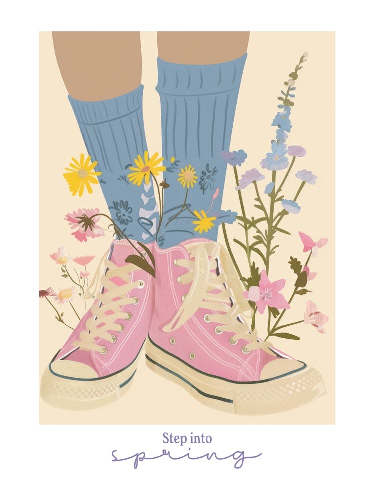 Step Into Spring Illustration Pink Sneakers And Flowers 3