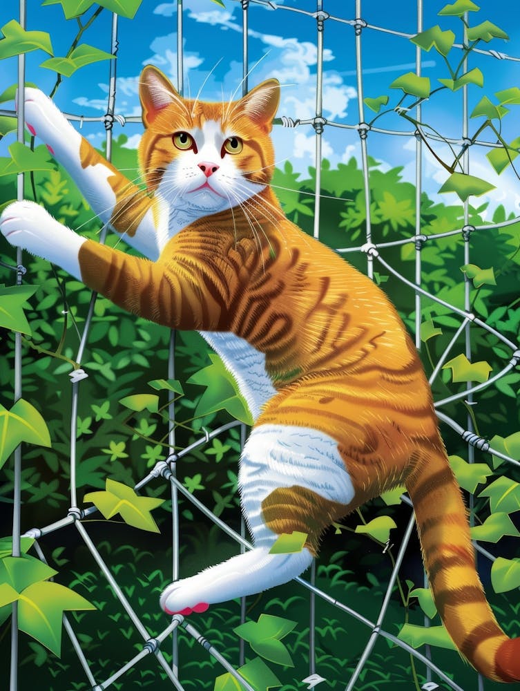 Katze klettert einen Zaun hinauf