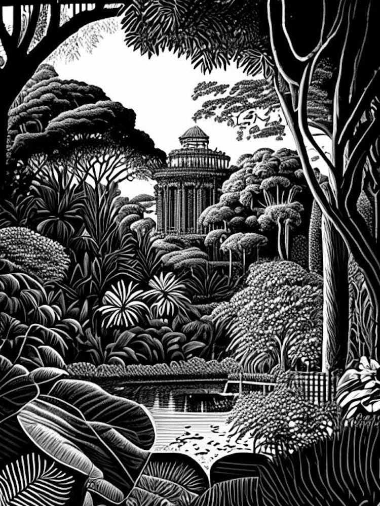 Jardim Botânico De Curitiba, Brazil Linocut Black And White Vintage