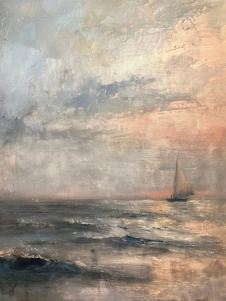 Vintage Seascape Painting, Antique Ocean Print, Ocean Sunset Horizon Oil Painting, Rustic Cloud Art, Ocean Waves Neutral Beach Art