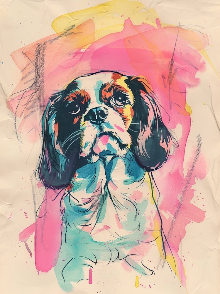 Cavalier King Charles Dog Pastel Line Watercolour Illustration 2