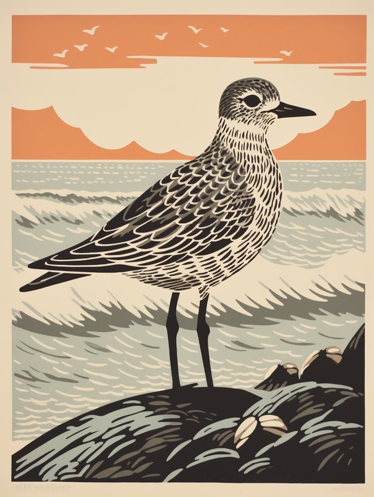 Vintage Bird Linocut Grey Plover 5