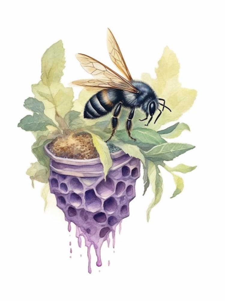 Violette Holzbienen Bienenstock Aquarell Illustration 3