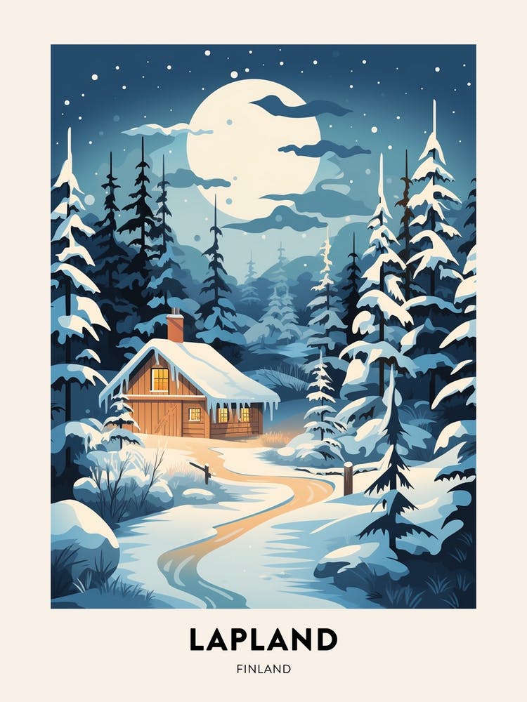 Winter Night  Travel Poster Lapland Finland 2