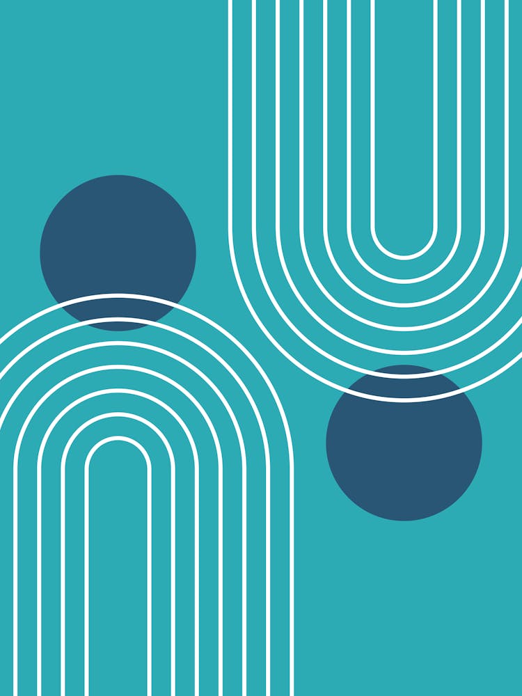 Mid Century Modern Geometric C26 In Teal Blue (Rainbow And Sun Abstract) 01