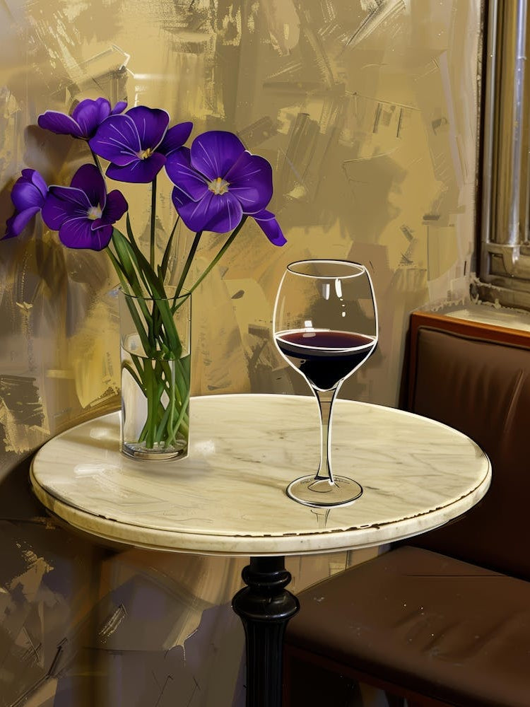 Glass Of Wine And Purple Flowers