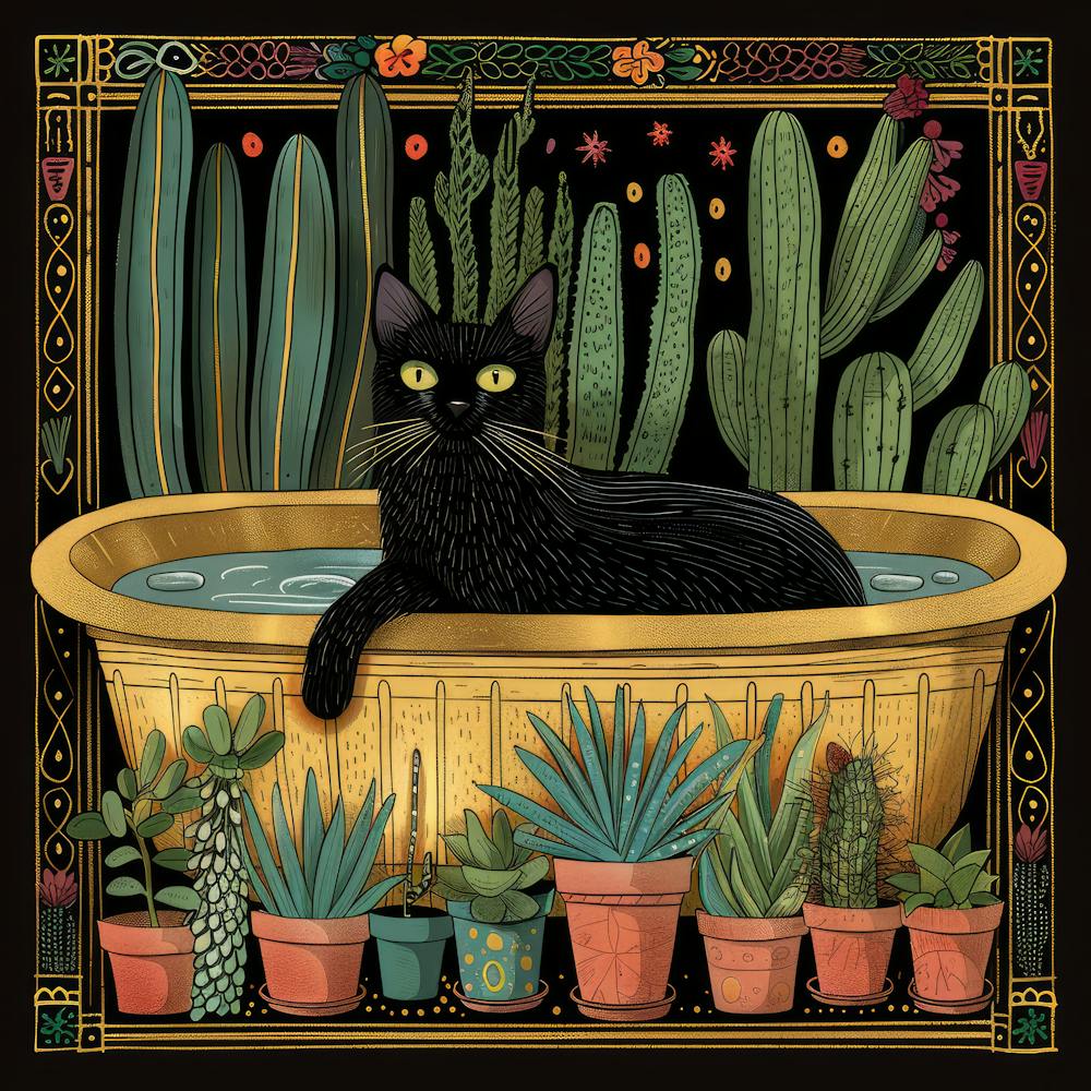 Gold Line Drawing of a Black Cat in a Bathtub, Houseplants, Botanical