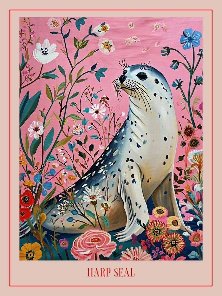 Floral Animal Painting Harp Seal 2 Poster