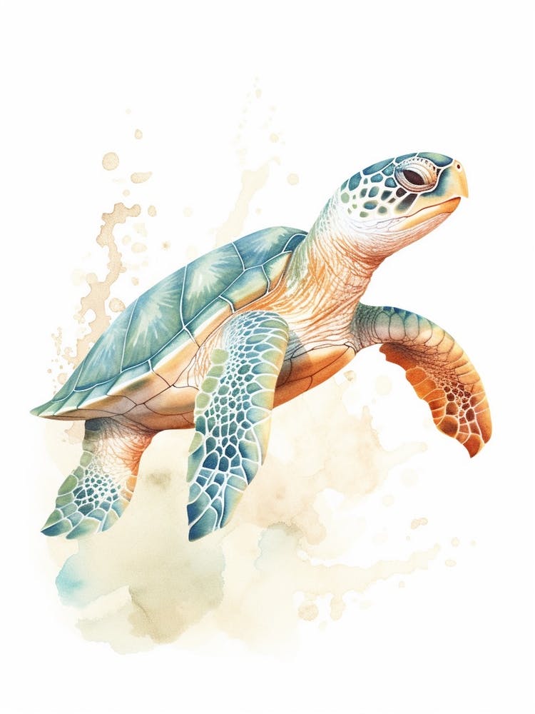 Detailed Blue Sea Turtle Watercolour