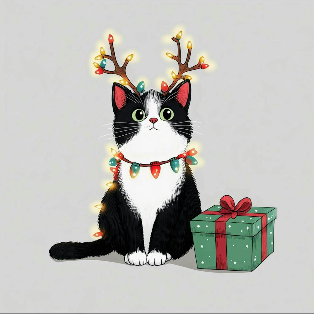 Christmas Cat with Lights: Cute Holiday Illustration, Festive Kitty Wall Art