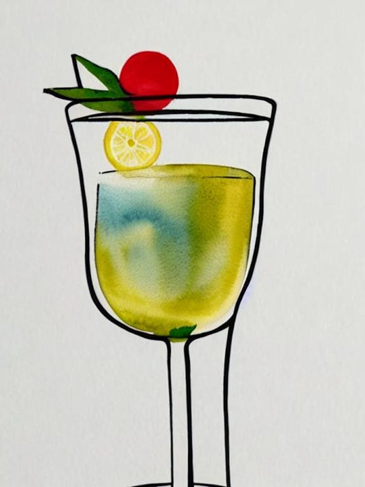 French 75 2 Minimal Line Drawing With Watercolour Cocktail Poster