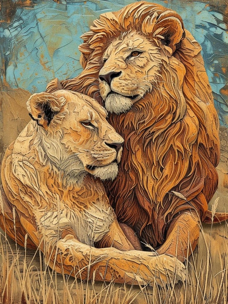 Barbary Lion Relief Illustration Family 3