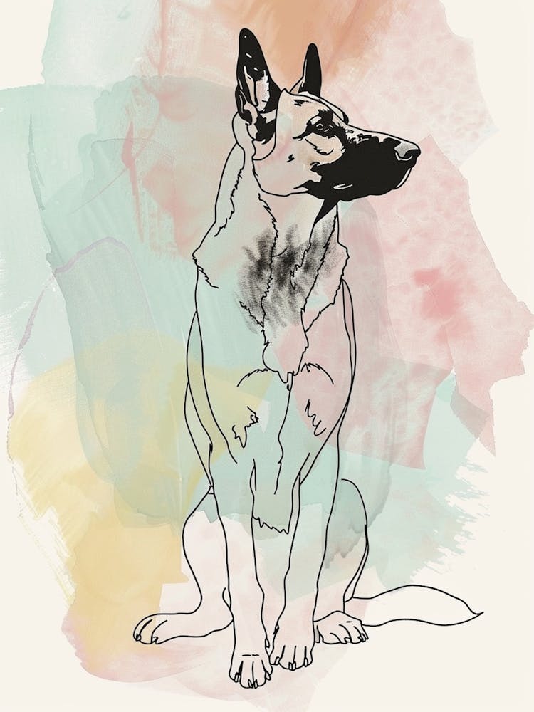 German Shepherd Pastel Watercolour Line Drawing 2