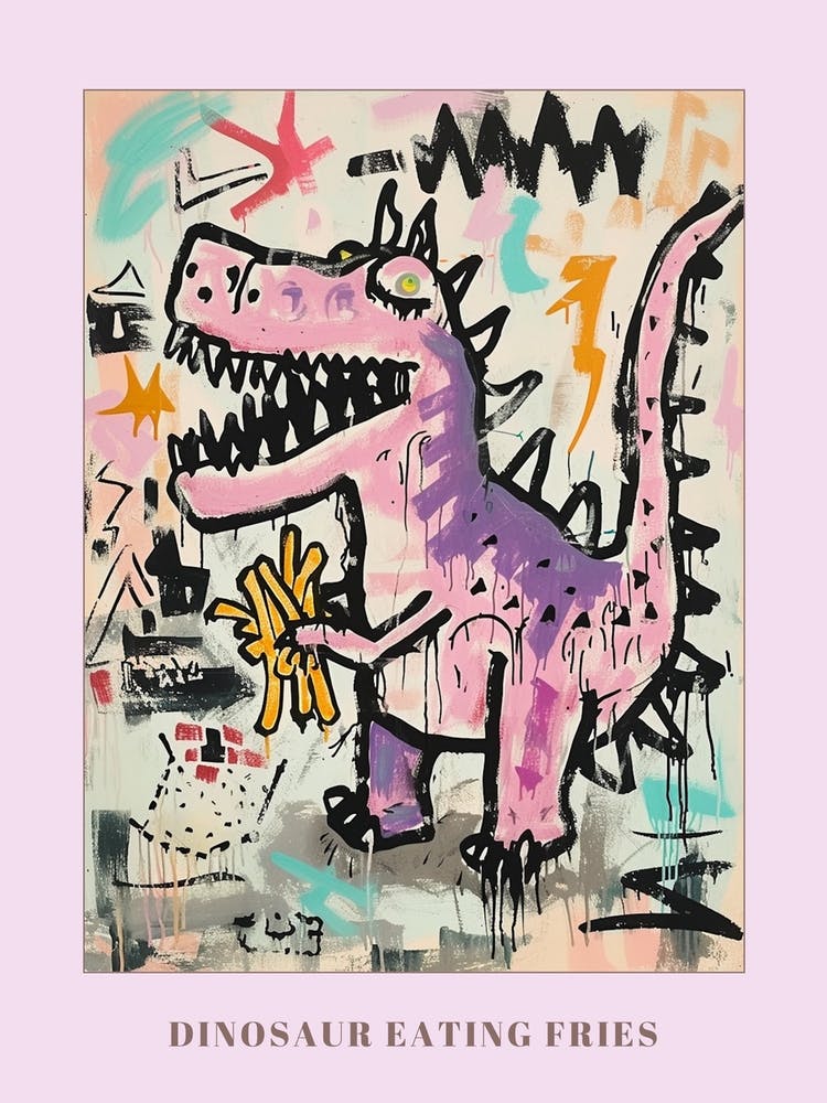 Dinosaur Eating Fries – Abstrakter Graffiti-Stil 1 Poster