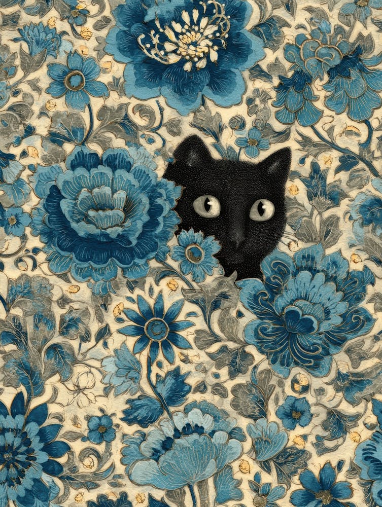 Black Cat In Blue Flowers 14
