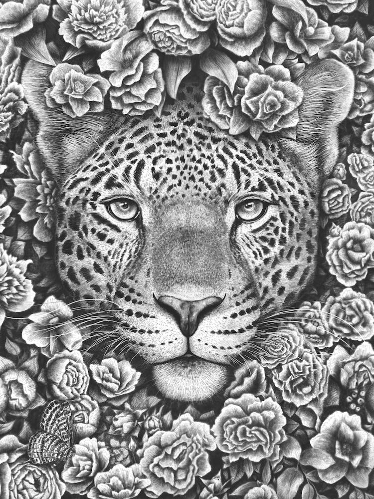 Jaguar In Flowers