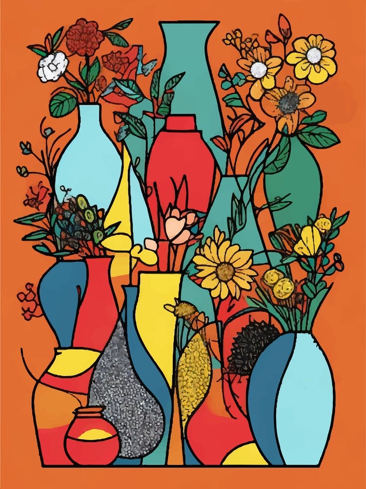 Abstract Colorful Flowers In Vases