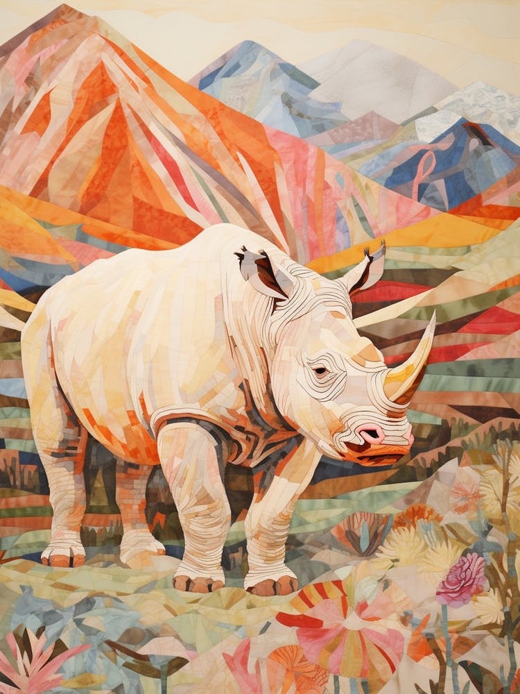 Colourful Patchwork Rhino With Mountain In The Background 5