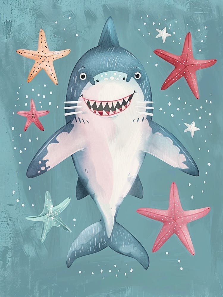 Blue Storybook Style Shark With Starfish 2