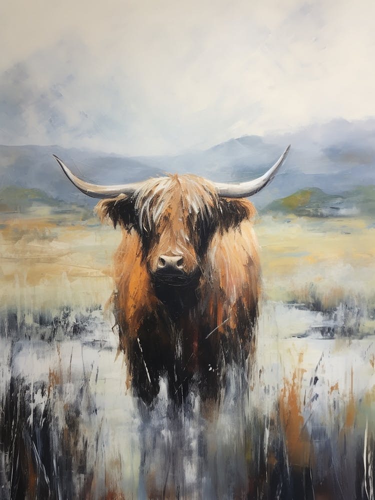 Stormy Impressionism Style Of Highland Cow In A Stream